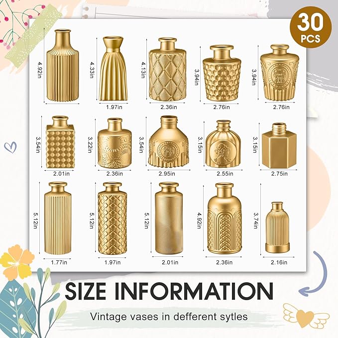 Yaomiao 30 Pcs Vases Bulk Colored Flower Glass Vases Bud Vintage Colored Glass Bottles Colorful Rustic Embossed for Home Wedding Table Decorations Gifts(Gold Series)