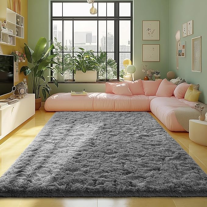 Grey Fluffy 9x12 Area Rug for Living Room, Plush Shag Rugs for Bedroom, Large Soft Furry Carpets for Kids Room, Modern Indoor Nursery Carpet for Classroom Dorm Cozy Comfy Home Decor