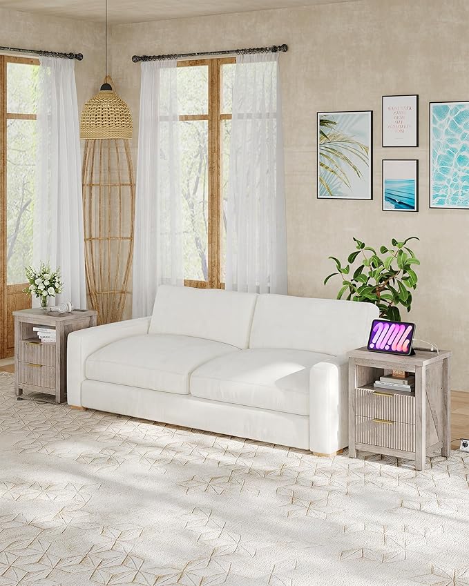 Fluted Nightstand, End Table with Charging Station and 2 Drawers, Farmhouse Nightstands with Fluted Panel, Engineered Wood Side Table for Bedroom Greige MBZ06UFH
