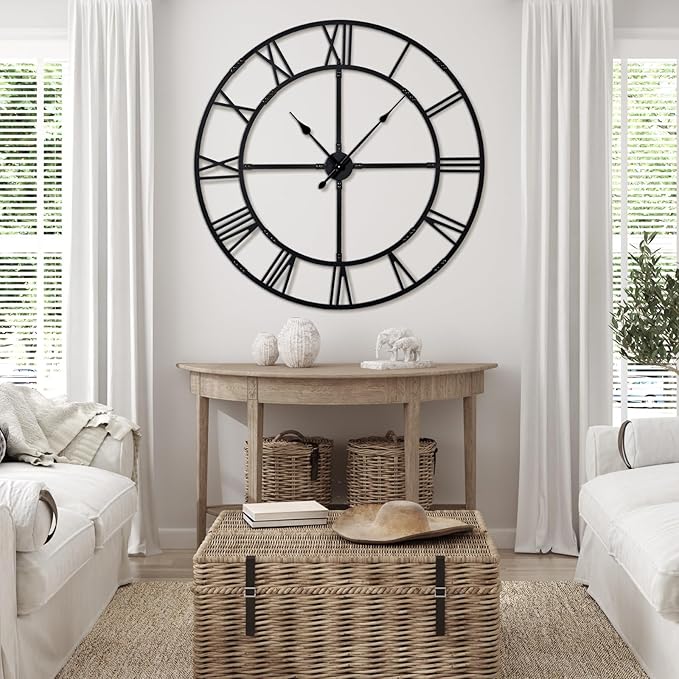 Large Wall Clock for Living Room Decor – 48 inch Silent Non-Ticking Modern Farmhouse Wall Clock, Oversized Decorative Metal Roman Numeral Clock, Black