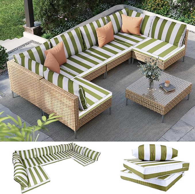 Outdoor Furniture Replacement Cushions, 14 Pcs Water-Resistant Replacement Sofa Cushion for Patio Garden Porch (Liner&Cover,Only Cushions No Sofa) (Grass Green and White Stripes)