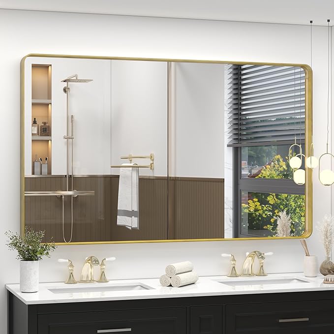 60x36 Inch Gold Framed Bathroom Mirror, Rectangle Brushed Gold Metal Vanity Mirror, Gold Rectangle Mirror for Wall, Rounded Corner, Tempered Glass, Anti-Rust, Shatterproof (Horizontal/Vertical)