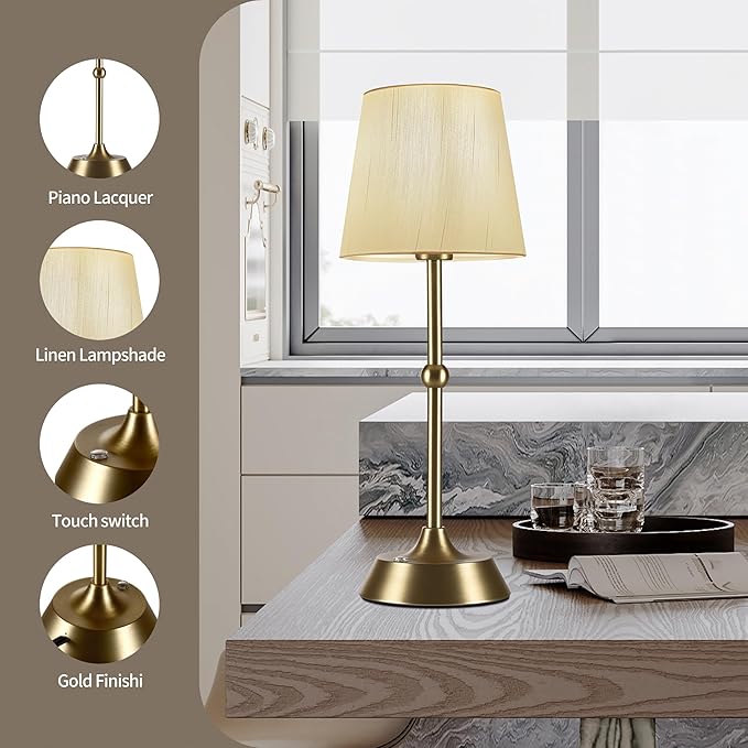 Set of 2 Cordless Cold Table Lamp,LED Portable Dimmable Desk Lamp,6000mA Battery Powered Table Lamp,Touch Control Fabric Table Light for Dining Room,Bedroom,Bar,Camping,Balcony.(LED Bulb Included)