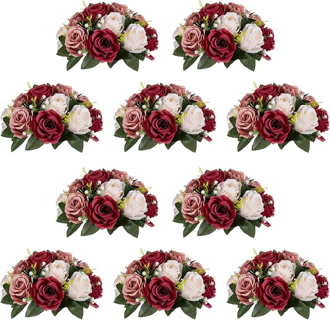 NUPTIO 테이블용 조화 센터피스 - 버건디 & 더스티 로즈 & 크리미 화이트 인조 꽃 장미 공 24.1cm(9.5인치) 직경 - 웨딩 파티 테이블 장식용 실크 인조 장미 장식