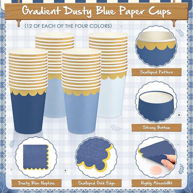 338 Pcs Dusty Blue Plates and Napkins Party Supplies for Guests Blue Tableware Include Scalloped Plates Paper Napkin Cup Spoon Fork Knife for Baby Shower, Wedding, Birthday