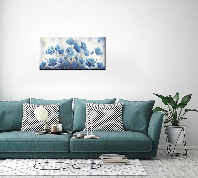 Blooming Blue Flowers Plants Wall Art Decor Artwork for Bedroom (20x40 Inches)