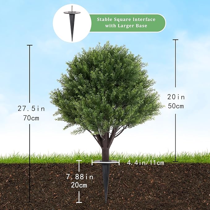 27" Tall Artificial Cedar Topiary Ball Tree with Ground Spike Set of 2, UV Resistant Faux Plants Outdoor, Realistic Large Greenery Fake Bushes and Shrubs for Planters Front Porch Garden Backyard Decor