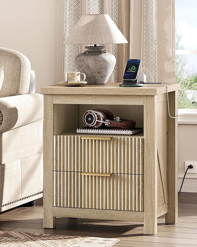 Fluted Nightstand, End Table with Charging Station and 2 Drawers, Farmhouse Nightstands with Fluted Panel, Engineered Wood Side Table for Bedroom Sunwashed Ash Oak MBZ06USO