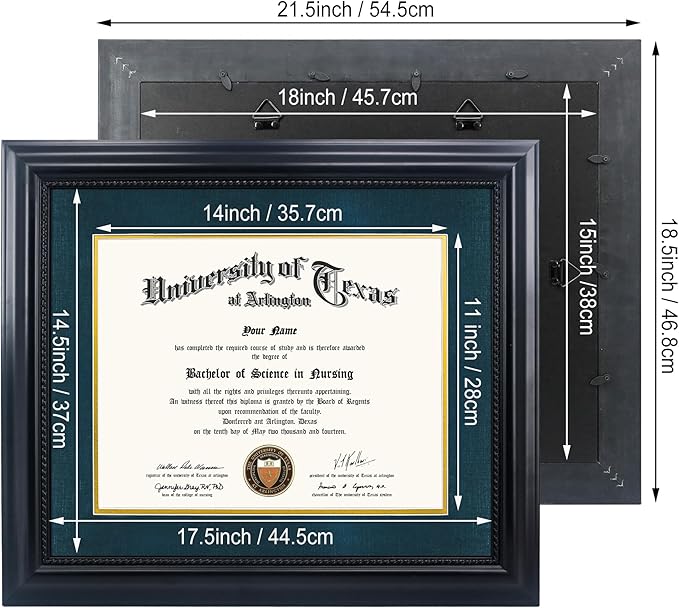 11x14 Diploma Degree Frame with Navy Mat or Display 15x18 Certificates without Mat,Solid Wood,Black Finish with Intricate Black Rope Detail,UV Protection Acrylic
