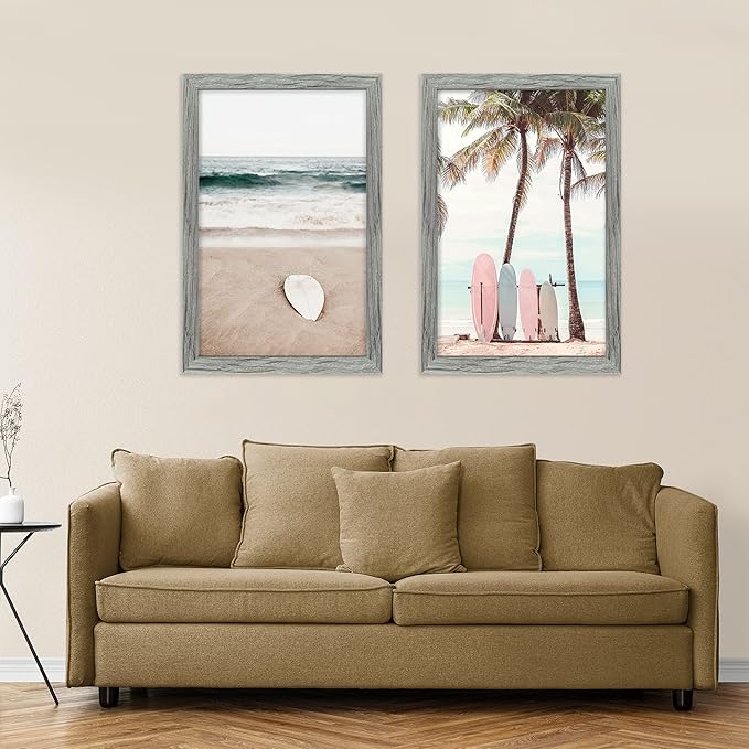 11x17 Frame Set of 2, Rustic Grey Wood Style - Display 11 x 17 Poster without Mat or 8x12 Picture with Mat, Wall Mounting Horizontal and Vertical