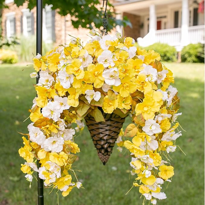 Artificial Fake Fall Hanging Flowers Plants Baskets for Outdoor Decoration, 5Pcs Faux Silk Hibiscus Long Vines in Planter UV Resistant Realistic Flower for Outside Home Porch Patio Garden