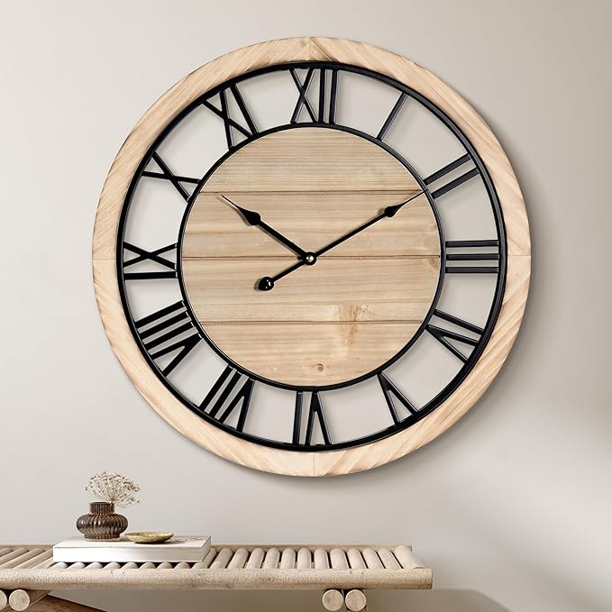 Maxstar 30'' Wall Clock for Living Room Decor, Silent Rustic Wooden Farmhouse Wall Clock with Metal & Real Wood Frame, Battery Operated, for Kitchen Bedroom Office, Roman Numerals