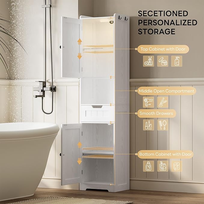 LIKIMIO 68" Tall Bathroom Storage Cabinet with Lights, Narrow Storage Cabinet with Adjustable Shelves, 2 Doors, 2 Hooks & 1 Drawer, Slim Freestanding Cabinet for Bathroom, Living Room, Kitchen, White
