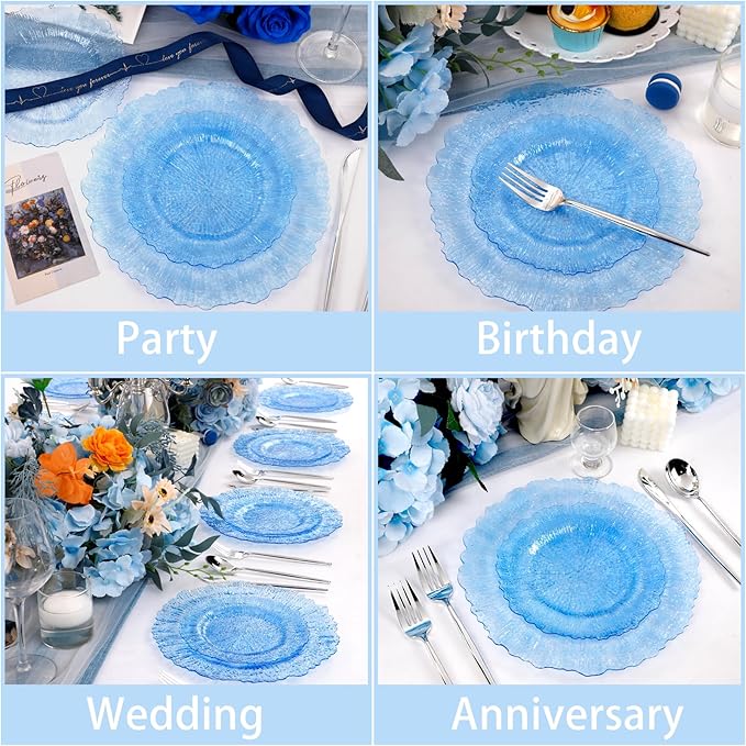 U-QE 60PCS Clear Blue Plates - Blue Plastic Plates Disposable&Reusable - Heavy Duty Plastic Plates for Party&Wedding Including 30 Dinner Plates 10.25" & 30 Appetizer Plates 7"