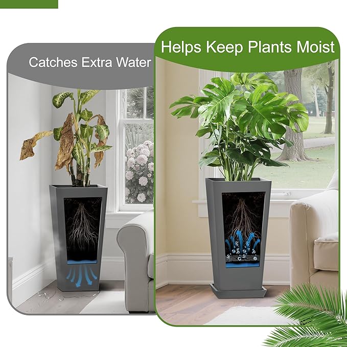 24-Inch Tall Planters Set of 2 for Outdoor and Indoor Use,Tapered Flower Pots with Drainage Tray, Front Porch and Patio Decor,Ideal for Large Plants, Grey
