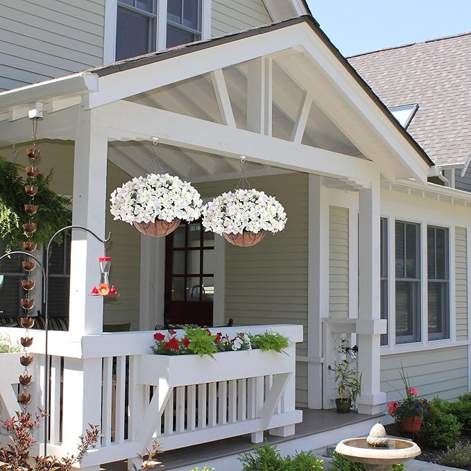 Artificial Hanging Flowers Plant with Basket for Outdoors, Fake Hanging Plants Silk Bougainvillea in Planter Look Real UV Resistant Faux Flower for Porch Patio Garden Home Decor (White-New)