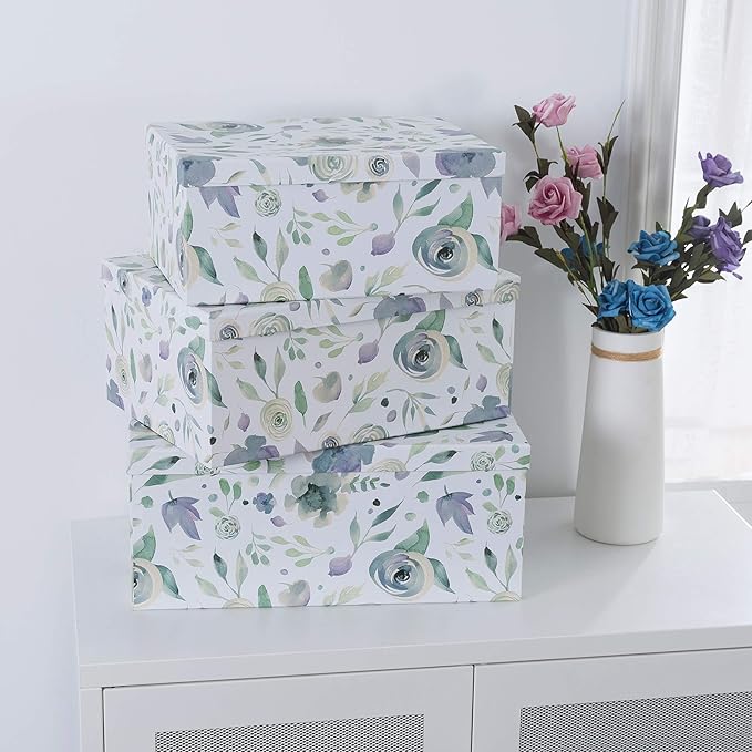 Soul & Lane Decorative Cardboard Storage Boxes with Lids for Home Decor and Organizing, Set of 3 Large Keepsake Boxes for Memories & Gifts, Nesting Floral Photo Storage Containers, Handpicked Bouquet