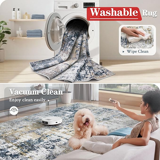 5x7 Area Rugs for Living Room: Washable Modern Abstract Rug Soft Non Slip Rug Indoor Low Pile Carpet for Bedroom Dining Room Home - Blue Grey Brown
