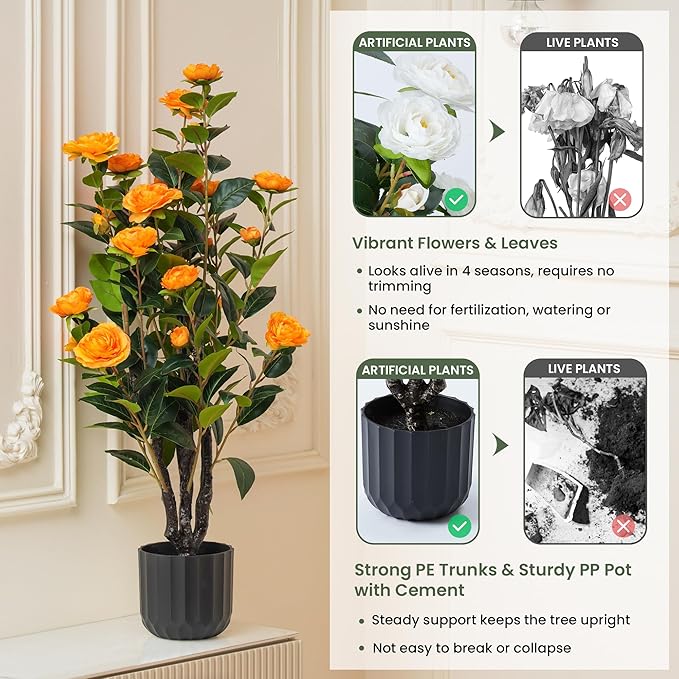 3.2FT Artificial Camellia Trees, Orange Silk Flowers, Indoor Faux Plants with Realistic Trunk in Black Cement Pot for Home House Living Room Bedroom Office Decor, 2pcs