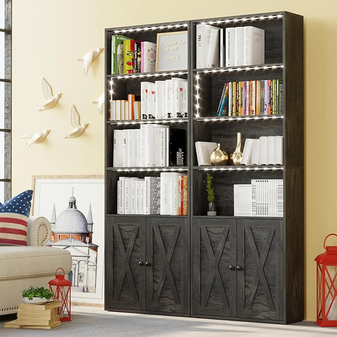 IRONCK Tall Bookcase with LED Lights, 70 in Industrial Bookshelf Display Shelf Floor Standing for Home Office, Living Room, Bed Room