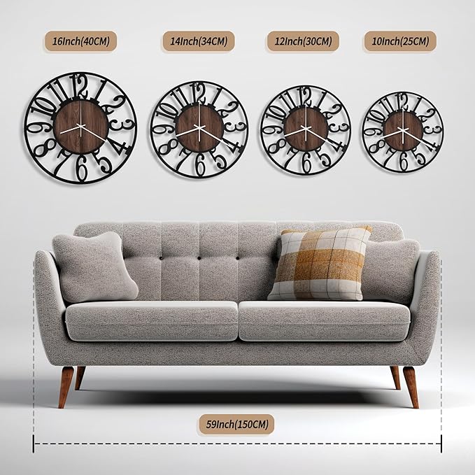 Maxstar Wall Clock Battery Operated,Silent Non-Ticking Modern Rustic Metal Round Clocks Small for Living Room/Bedroom/Office/Kitchen/Farmhouse Home Decor-12 Inch(Brown-Wood)