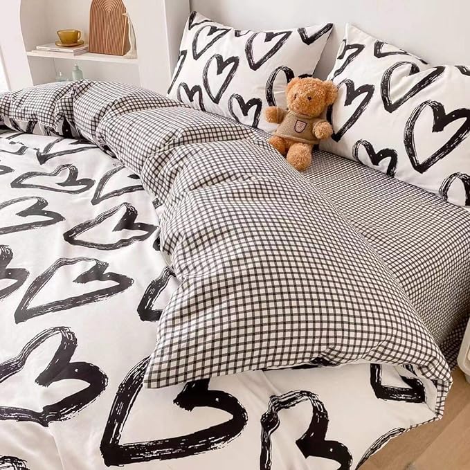 Pureant Love Comforter Set Full Black and White Comforter Cotton Boho Black Quilts Women Men Heart Shaped Comforters Boys Teens Kawaii Comforter Cute Soft White Bedding Love Heart Full Size Bedding