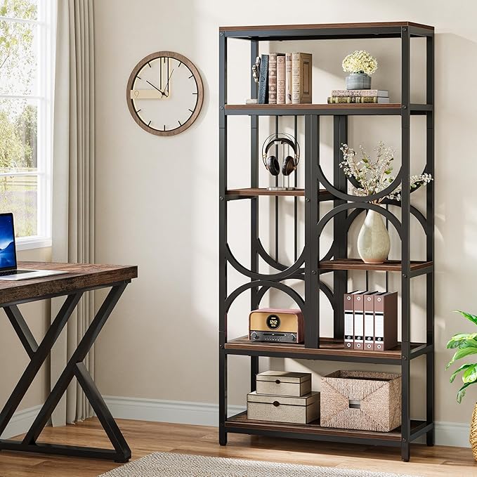 Tribesigns Bookshelf, 5-Tier Industrial Etagere Bookcase, 70.86-Inch Tall Bookshelves with 6 Open Storage Shelf, Display Shelf Storage Organizer for Living Room Home Office, Rustic Brown