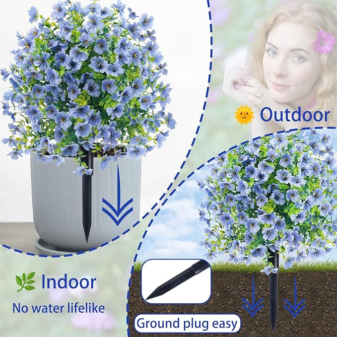 Topiary Trees Artificial Outdoor, 23.6" UV Protected Faux Flowers, Ground Spikes Outdoor Artificial Plants for Garden, Swimming Pool and Front Porch Decor (Blue)