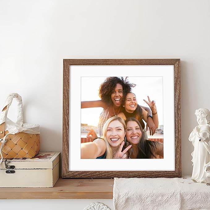 10x10 Picture Frame Set of 2, Solid Oak Wood Frame 10 x 10, 10 by 10 Wood Frames for Wall, 10x10 Picture Frame with Mat for 8x8, Square 10"x10" Photo Frames Real Glass, Walnut Color, 2 Pack
