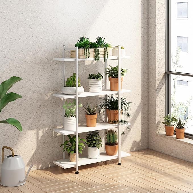 Bookshelf 4 Tiers White Wooden Storage Shelf,Modern Open Display Storage Bookcase Book Organizer,Metal Bookshelf Standing Storage Shelf Tall Shelving Units for Home Office Study