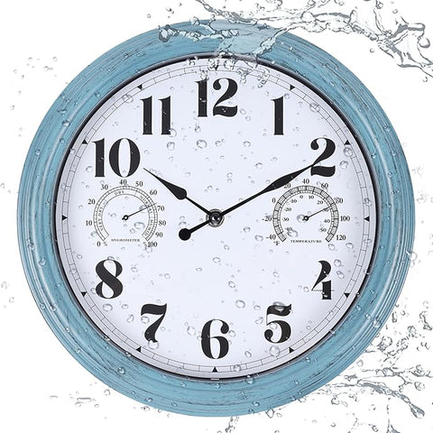 12 inch Outdoor Wall Clock, Plastic Waterproof Outdoor Clock with Temperature & Humidity, Water Resistant Wall Clocks for Patio Garden, Green