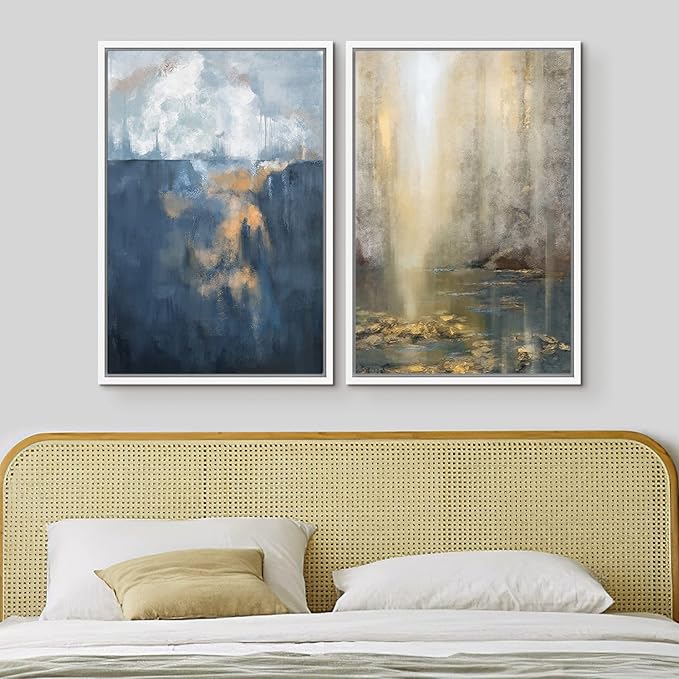 MUDECOR Framed Canvas Print Wall Art Set Pastel Paint Stroke Landscapes Abstract Shapes Illustrations Modern Art Decorative Bohemian Calm/Zen for Living Room, Bedroom, Office - 16"x24"x2 White