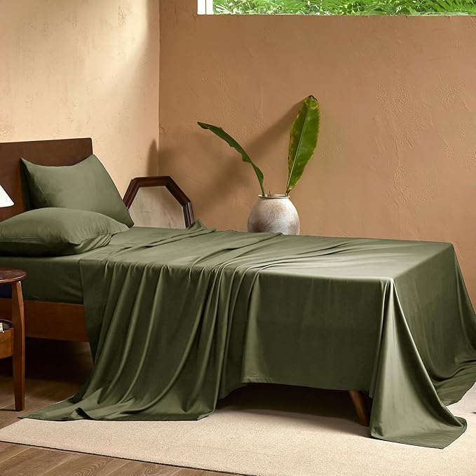 EVERLY Full Sheets Set,Luxuriously 400 Thread Count Organic Viscose Derived from Bamboo Bed Sheet,Cooling Sheets for Full Size 4 Piece Deep Pockets Bedding Sheets &Pillowcases-Olive Green