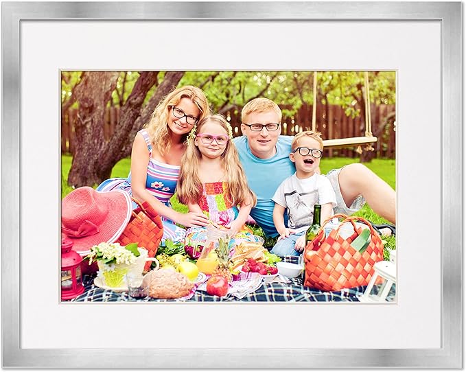 11x14 Frame with Mat - Silver 13x16 Frame Wood Made to Display Print or Poster Measuring 11 x 14 Inches with White Photo Mat