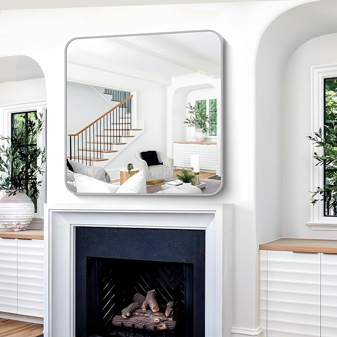 Silver Bathroom Mirror, 42 x 42 Inch Silver Square Mirror, Metal Framed Rectangular Vanity Mirror, Rounded Corner Wall Mounted Mirror for Living Room Bedroom Entryway Hangs Horizontal/Vertical