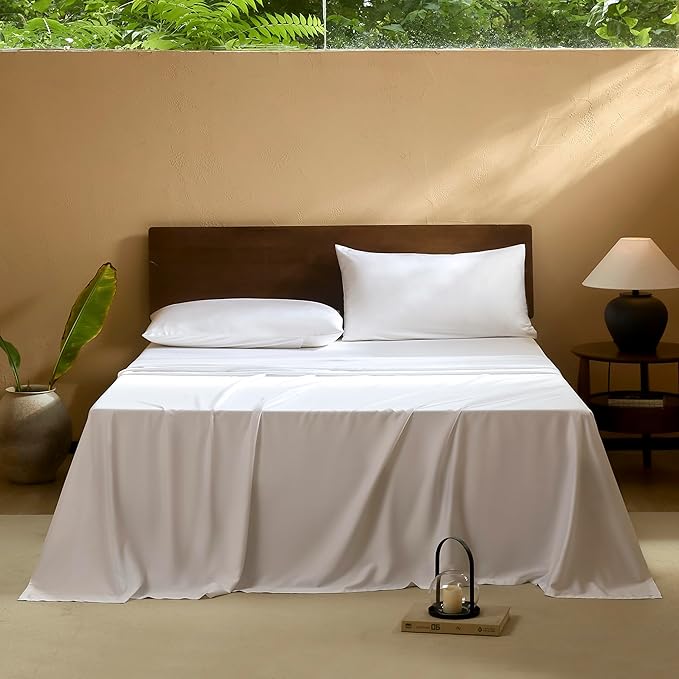 EVERLY California King Sheets Set Luxuriously 400 Thread Count Organic Rayon Derived from Bamboo,Cooling Sheets for California King 4Piece Deep Pockets Bedding Sheets&Pillowcases-White