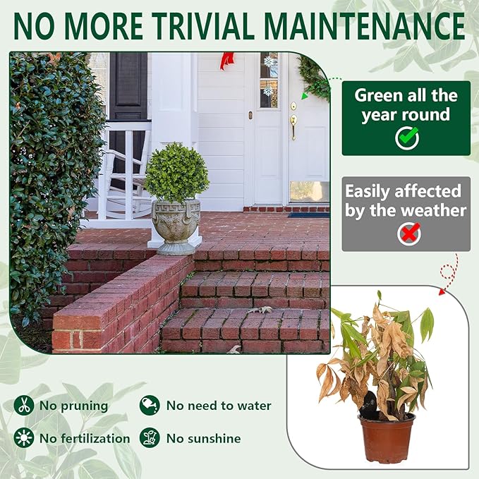 Artificial Shrubs for Outdoors UV Resistant Topiary Trees Set of 2, 21.6'' Fake Bushes Faux Boxwood Balls Greenery with Ground Spikes for Front Porch Decor,Fake Evergreen Tree for Home Decor