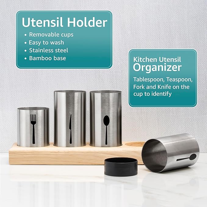 Sorbus Utensil Holder,Upright Silverware Holder with Caddy for Spoons, Knives and Forks, Entertaining,Stainless Steel Cutlery Organizer with Bamboo Wood Base