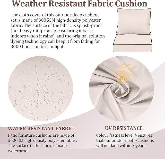 Waterproof Outdoor Chair Cushion Set of 4, 24x24x5 IN Deep Seat Patio Cushions with Fade Resistant Removable Cover,Outdoor Cushions for Patio Furniture w/ Ties&Handle for Chair Sofa Couch,Cream+Pipes