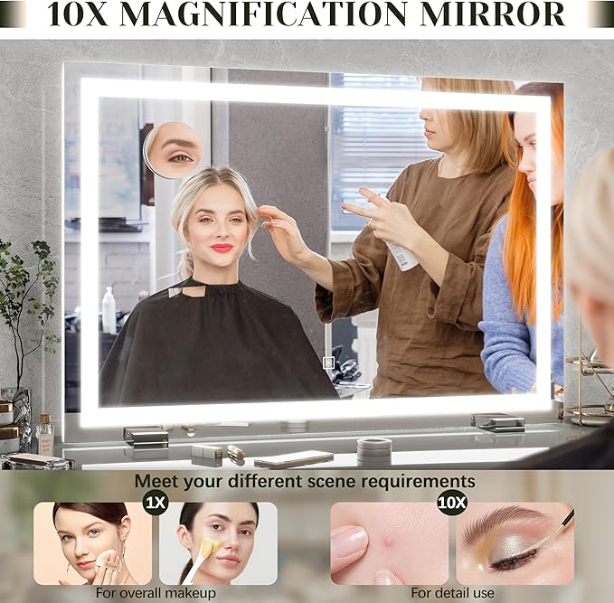 32x 22 Inch Large Lighted Vanity Mirror with Dimmable 3 Modes, LED Makeup Mirror for Bathroom ＆ Dressing Room, Tabletop or Wall-Mounted, White