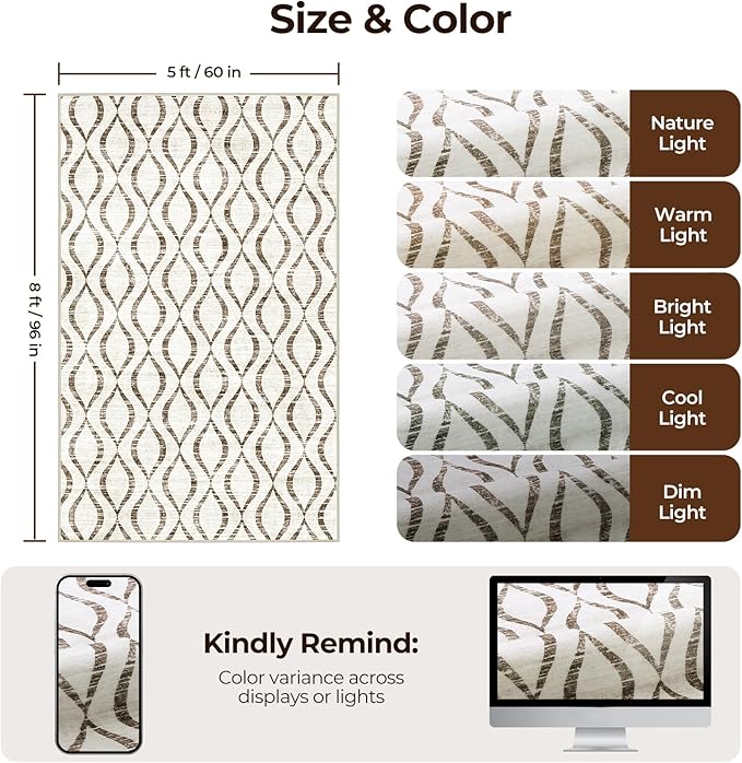 WITSHOCK 5x8 Brown Moroccan Trellis Living Room Rug - Boho Modern Geometric - Washable Non-Slip Thin Indoor Rug for Bedroom Under Dining Table, Soft Low Pile Carpet for Nursery, Kid & Pet Friendly