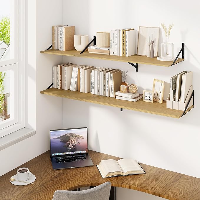 Fun Memories Floating Shelves for Wall, 12 Inch Deep Floating Shelves Set of 2, 36W x 12D Large Wall Shelf with Sturdy Metal Brackets for Living Room, Bathroom, Bedroom and Kitchen, Oak