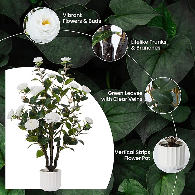 3.2FT Artificial Camellia Tree, White Silk Flowers, Indoor Faux Plants with Realistic Trunk in White Cement Pot for Home House Living Room Bedroom Office Decor, 1pc