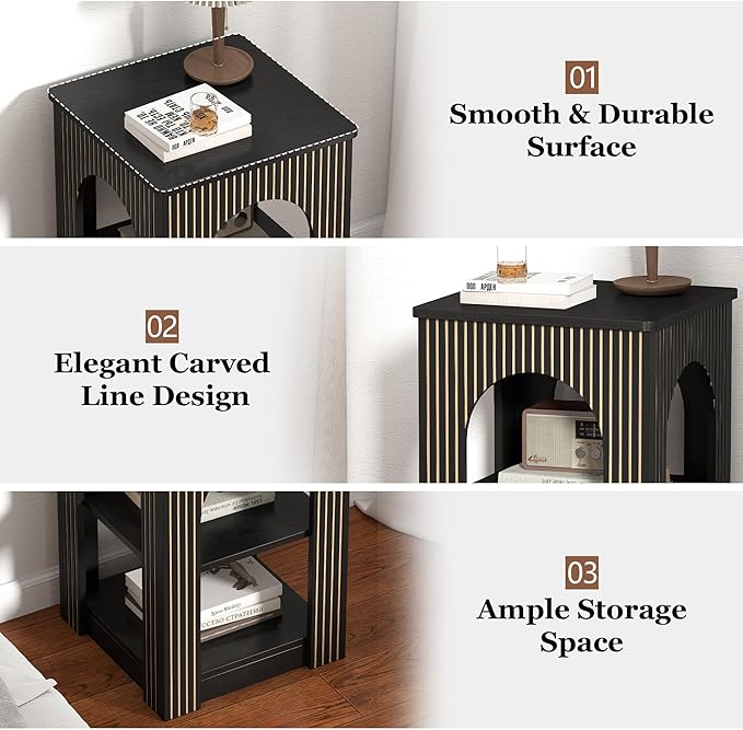 End Table with 3-Tier Storage, Mid-Century Modern Side Table with Arched Carving Lines, Square Fluted Nightstand Accent Table for Living Room, Bedroom, or Office (1, Black)