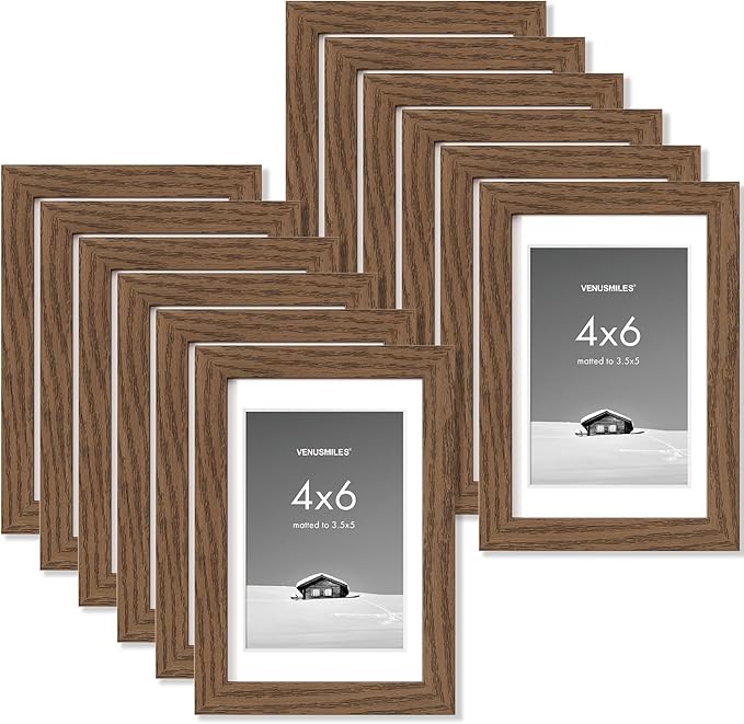 4x6 inch Picture Frame, 4x6 Photo Frames with 3.5x5 Removable Mat - High Definition Plexiglass - Vertical and Horizontal Display - Wall Hanging Frame - Walnut Color, 12 Pack