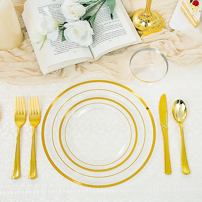 150 PCS Clear Gold Disposable Dinnerware Set for 25 Guests, Clear and Gold Plastic Plates for Party, 25 Dinner Plates, 25 Salad Plates, 25 Cups, 25 Spoons Forks Knives for Wedding and Party Supplies