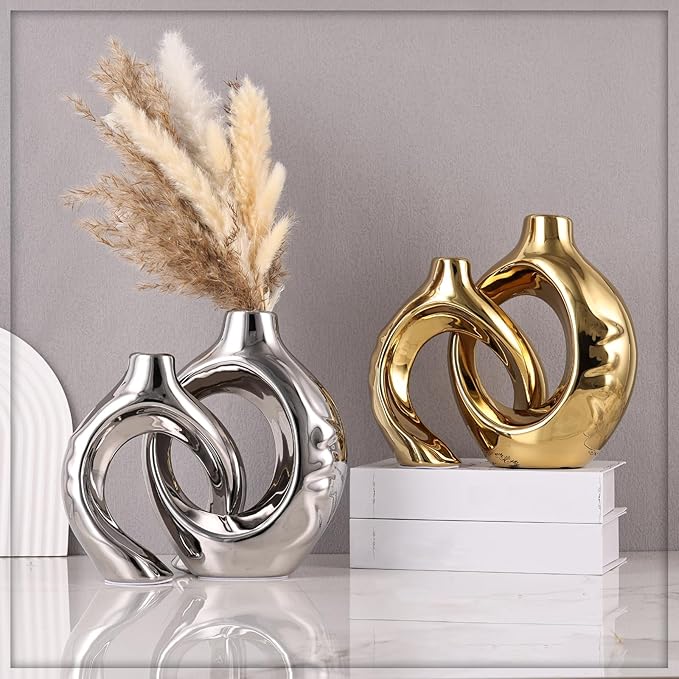 Gold Home Decor Ceramic Vase, Round Vase with Holes Set of 2, Suitable for Wedding Entrance Decoration, Bookshelf, Mantel, Unique Home Decor (Gold)