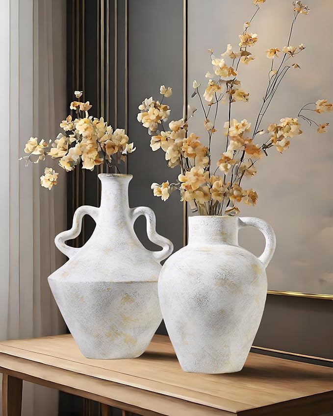 9 in Rustic Ceramic Farmhouse Vase with 1 Handle,Glazed Beige and Yellow Vintage Pottery Jar with Black Distressed Eroded Texture Finish,Boho for Home Decor,Tabletop,Mantel,or Living Room