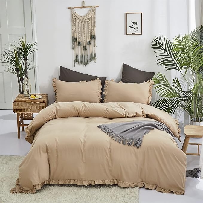 Luxlovery Champagne Ruffle Comforter Set Twin Light Khaki Bedding Comforter Farmhouse Shabby Beige Friange Quilts Blanket Soft Breathable Vintage Rustic Bedding Comforter Set for Women Men