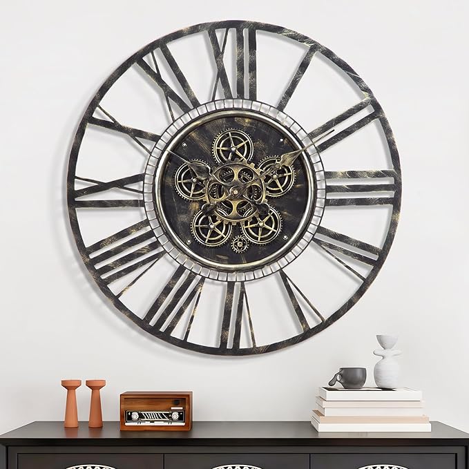 Moving Gear Large Wall Clock 24inch/60cm Bronze, Decorative Wall Clocks for Living Room, Unique Farmhouse Steampunk Metal Wall Clock Decor, Office Wall Clocks